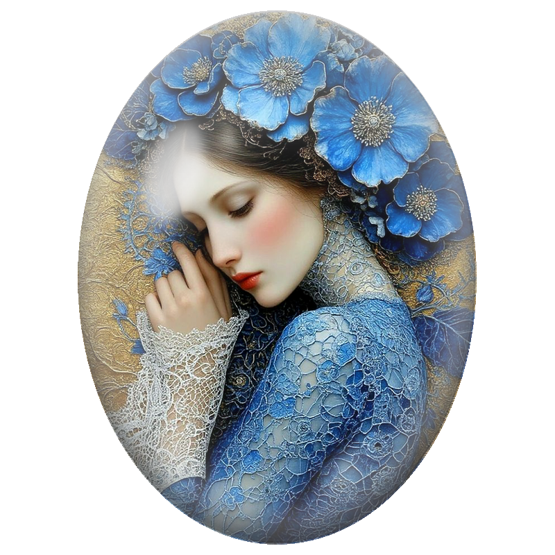 Cabochon en Verre Illustré Femme Endormie aux Fleurs Bleues et Dentelle 13x18, 18x25 ou 30x40mm