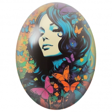 Cabochon en Verre Illustré Femme aux Papillons Multicolores Pop Art pour la Création de Bijoux Fantaisie - DIY