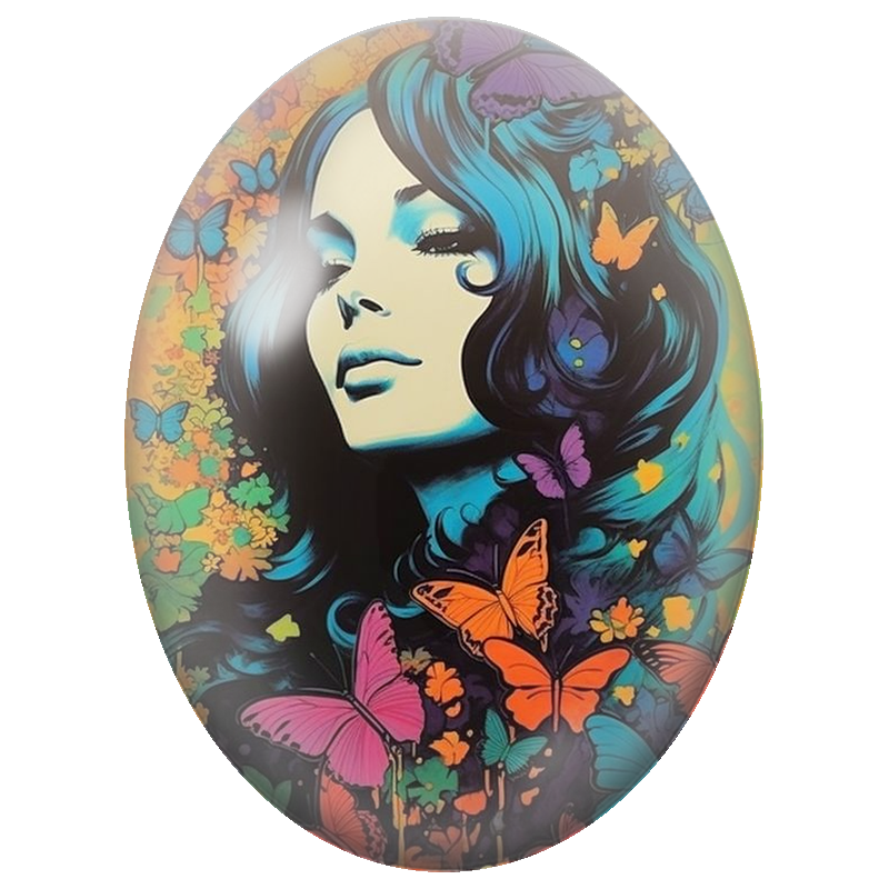 Cabochon en Verre Illustré Femme aux Papillons Multicolores Pop Art 13x18, 18x25 ou 30x40mm