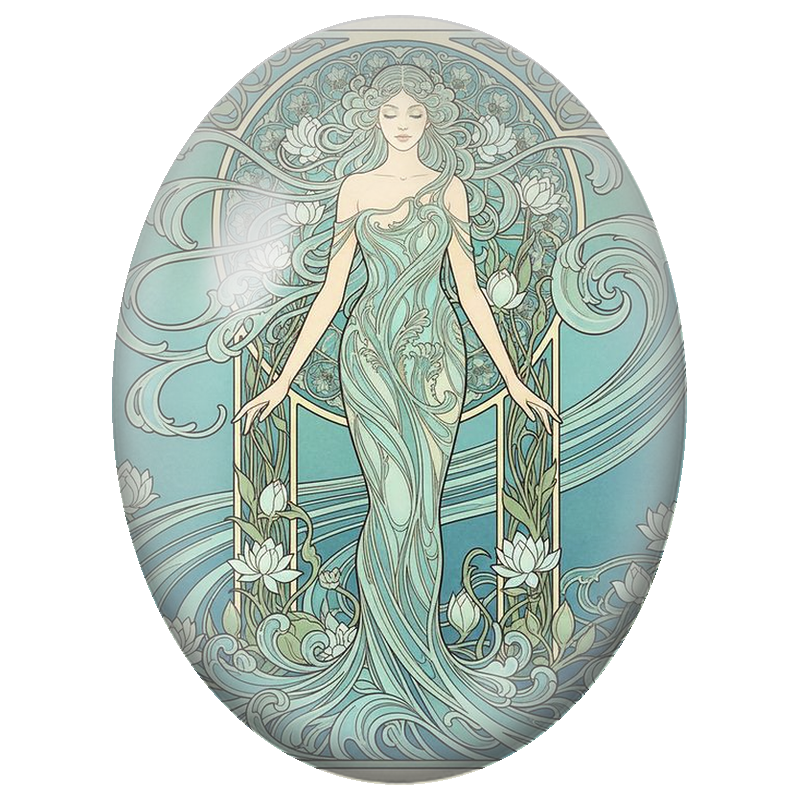 Cabochon en Verre Illustré Déesse des Vagues et Fleurs de Lotus 13x18, 18x25 ou 30x40mm