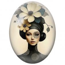 Cabochon en Verre Illustré Femme au Turban Noir et Fleurs Ivoire pour la Création de Bijoux Fantaisie - DIY