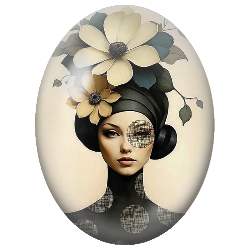 Cabochon en Verre Illustré Femme au Turban Noir et Fleurs Ivoire 13x18, 18x25 ou 30x40mm