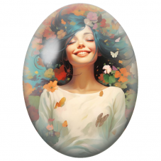 Cabochon en Verre Illustré Femme Souriant parmi les Fleurs et Papillons pour la Création de Bijoux Fantaisie - DIY