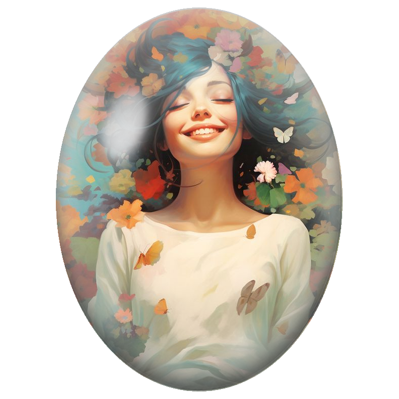 Cabochon en Verre Illustré Femme Souriant parmi les Fleurs et Papillons 13x18, 18x25 ou 30x40mm