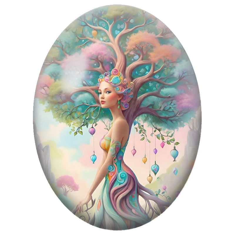 Cabochon en Verre Illustré Femme Arbre aux Feuillages Pastel 13x18, 18x25 ou 30x40mm