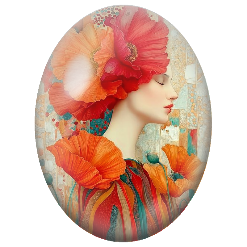 Cabochon en Verre Illustré Femme de Profil aux Coquelicots Orange et Rouges 13x18, 18x25 ou 30x40mm