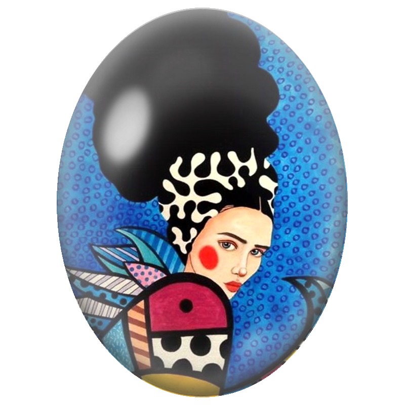 Cabochon en Verre Illustré Femme Graphique à la Coiffe Noire 13x18, 18x25 ou 30x40mm