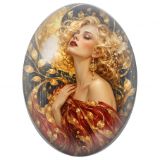Cabochon en Verre Illustré Femme Blonde en Robe Rouge et Or pour la Création de Bijoux Fantaisie - DIY