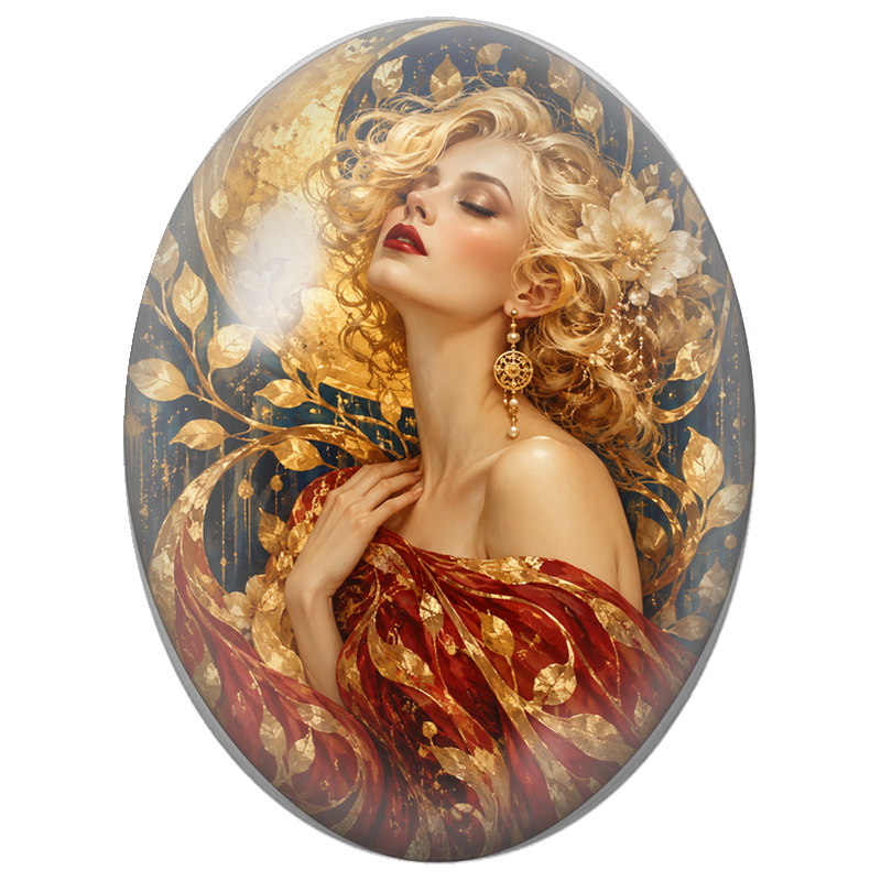 Cabochon en Verre Illustré Femme Blonde en Robe Rouge et Or 13x18, 18x25 ou 30x40mm