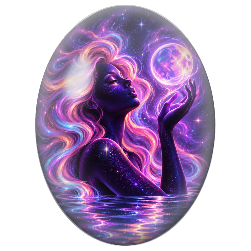 Cabochon en Verre Illustré Femme aux Cheveux Néon Rose et Bleu 13x18, 18x25 ou 30x40mm