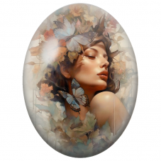 Cabochon en Verre Illustré Femme aux Papillons Bleus et Fleurs d’Automne pour la Création de Bijoux Fantaisie - DIY