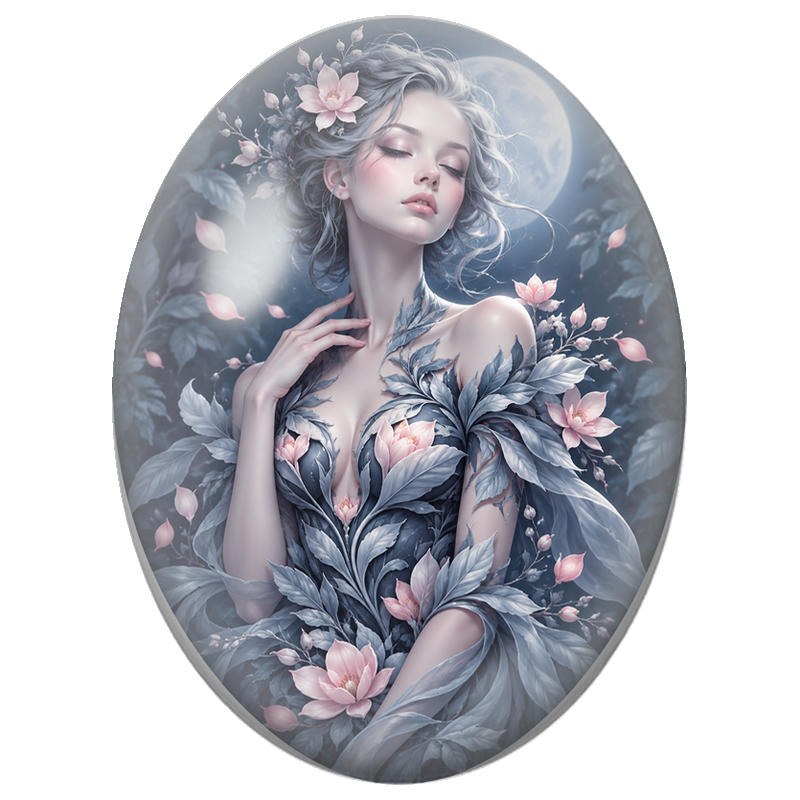Cabochon en Verre Illustré Femme aux Roses Roses et Ailes Blanches 13x18, 18x25 ou 30x40mm