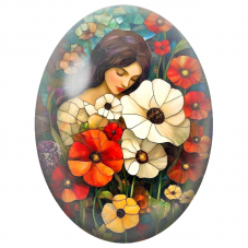 Cabochon en Verre Illustré Femme parmi les Coquelicots en Vitrail pour la Création de Bijoux Fantaisie - DIY