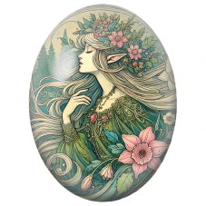 Cabochon en Verre Illustré Elfe Blonde aux Fleurs Roses Art Nouveau pour la Création de Bijoux Fantaisie - DIY