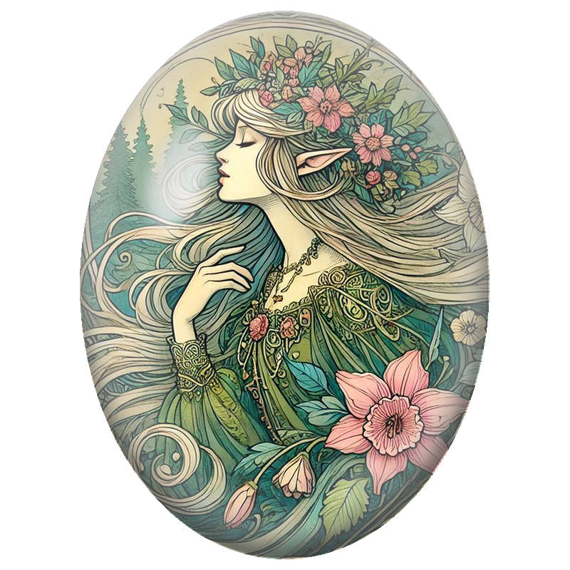 Cabochon en Verre Illustré Elfe Blonde aux Fleurs Roses Art Nouveau 13x18, 18x25 ou 30x40mm