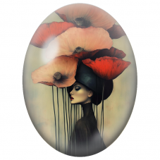 Cabochon en Verre Illustré Femme au Chapeau de Coquelicots Géants pour la Création de Bijoux Fantaisie - DIY
