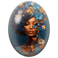 Cabochon en Verre Illustré Femme Noire aux Fleurs Bleues et Orange pour la Création de Bijoux Fantaisie - DIY