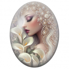 Cabochon en Verre Illustré Femme aux Bijoux de Perles et Arums Blancs pour la Création de Bijoux Fantaisie - DIY