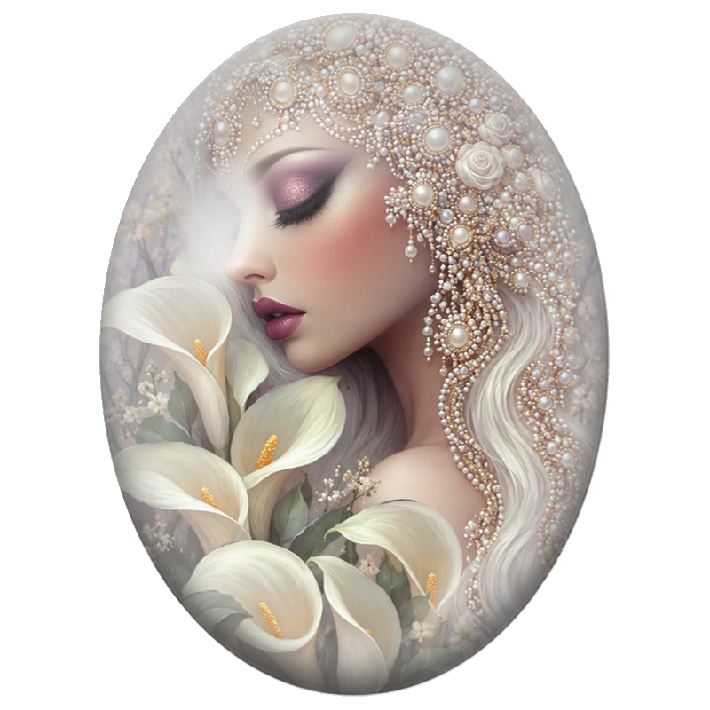 Cabochon en Verre Illustré Femme aux Bijoux de Perles et Arums Blancs 13x18, 18x25 ou 30x40mm