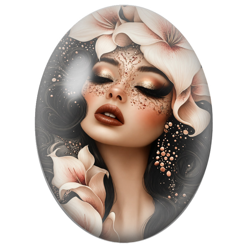 Cabochon en Verre Illustré Femme aux Lys Ivoire et Paillettes Cuivrées 13x18, 18x25 ou 30x40mm