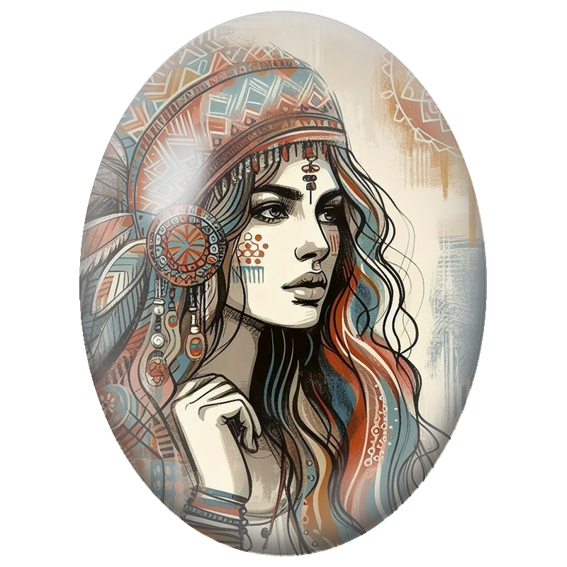 Cabochon en Verre Illustré Femme à la Coiffe Tribale Graphique 13x18, 18x25 ou 30x40mm