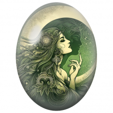 Cabochon en Verre Illustré Femme devant la Lune Verte et Dorée pour la Création de Bijoux Fantaisie - DIY