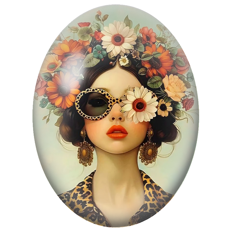 Cabochon en Verre Illustré Femme aux Lunettes Léopard et Couronne Fleurie 13x18, 18x25 ou 30x40mm