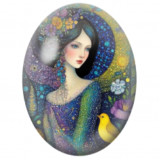 Cabochon en Verre Illustré Femme à la Lune Bleue et Oiseau Jaune pour la Création de Bijoux Fantaisie - DIY