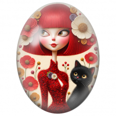 Cabochon en Verre Illustré Fille Rousse au Chat Noir et Fleurs Rouges pour la Création de Bijoux Fantaisie - DIY