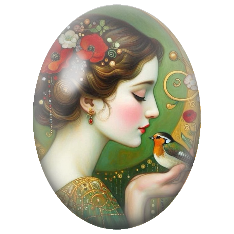 Cabochon en Verre Illustré Femme au Rouge-Gorge et Coquelicots 13x18, 18x25 ou 30x40mm