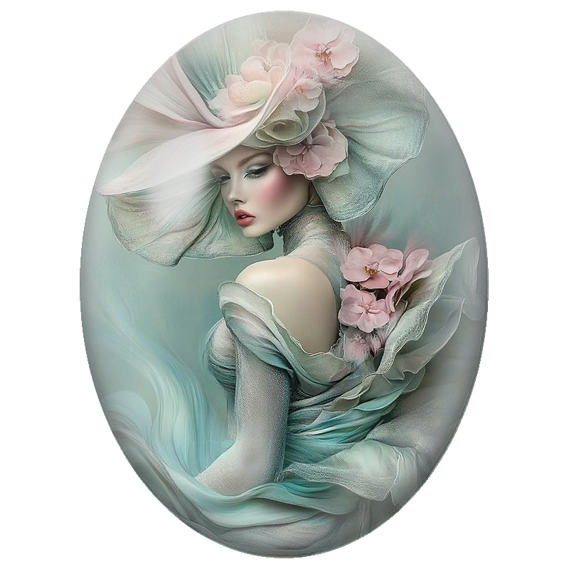 Cabochon en Verre Illustré Femme au Chapeau Vert d’Eau et Orchidées Roses 13x18, 18x25 ou 30x40mm