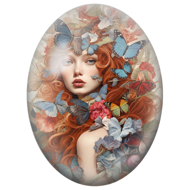 Cabochon en Verre Illustré Femme Rousse aux Papillons Bleus et Fleurs 13x18, 18x25 ou 30x40mm