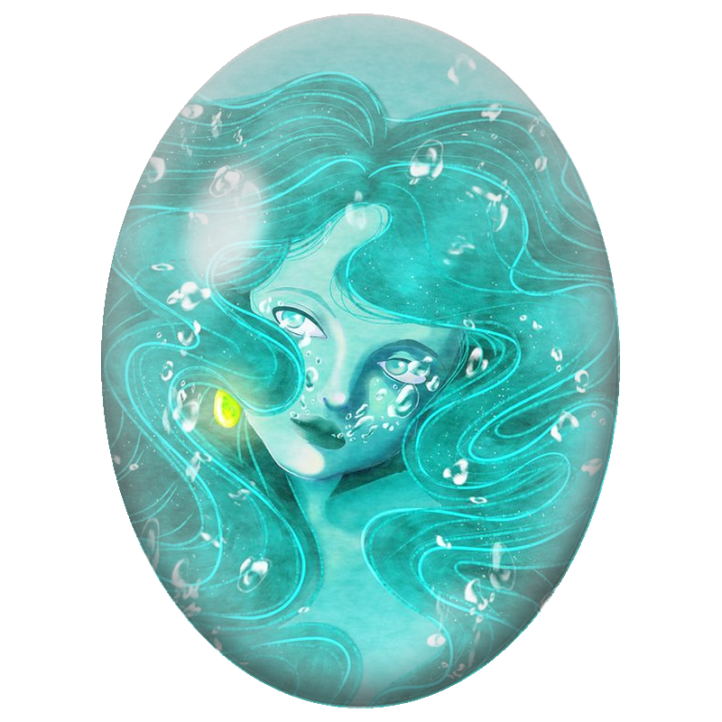Cabochon en Verre Illustré Femme Aquatique aux Cheveux Turquoise 13x18, 18x25 ou 30x40mm