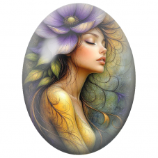 Cabochon en Verre Illustré Femme à la Grande Fleur Violette pour la Création de Bijoux Fantaisie - DIY