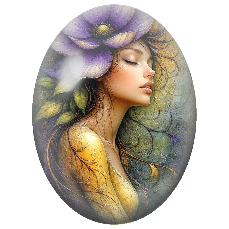 Cabochon en Verre Illustré Femme à la Grande Fleur Violette 13x18, 18x25 ou 30x40mm
