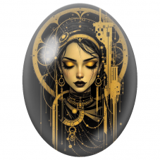 Cabochon en Verre Illustré Femme Noire aux Mécanismes Dorés pour la Création de Bijoux Fantaisie - DIY