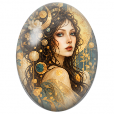 Cabochon en Verre Illustré Femme aux Spirales Cuivrées et Mosaïque pour la Création de Bijoux Fantaisie - DIY