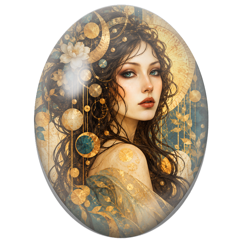 Cabochon en Verre Illustré Femme aux Spirales Cuivrées et Mosaïque 13x18, 18x25 ou 30x40mm