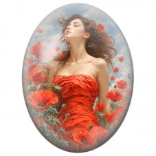 Cabochon en Verre Illustré Femme en Robe Rouge parmi les Coquelicots pour la Création de Bijoux Fantaisie - DIY