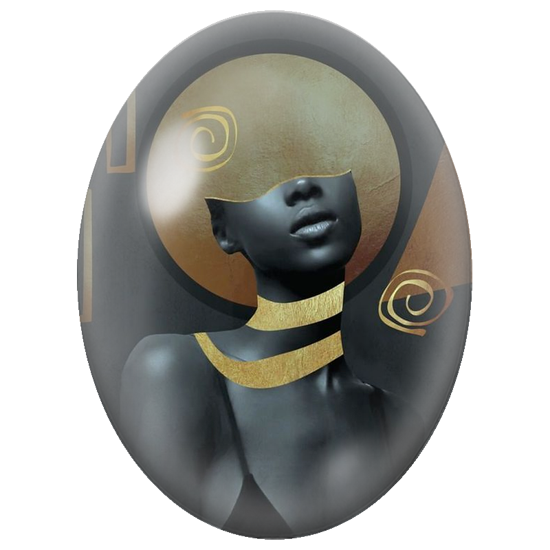 Cabochon en Verre Illustré Femme Noire au Halo et Collier Dorés 13x18, 18x25 ou 30x40mm