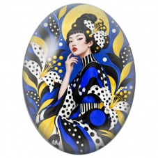 Cabochon en Verre Illustré Femme Graphique en Bleu Jaune et Noir pour la Création de Bijoux Fantaisie - DIY