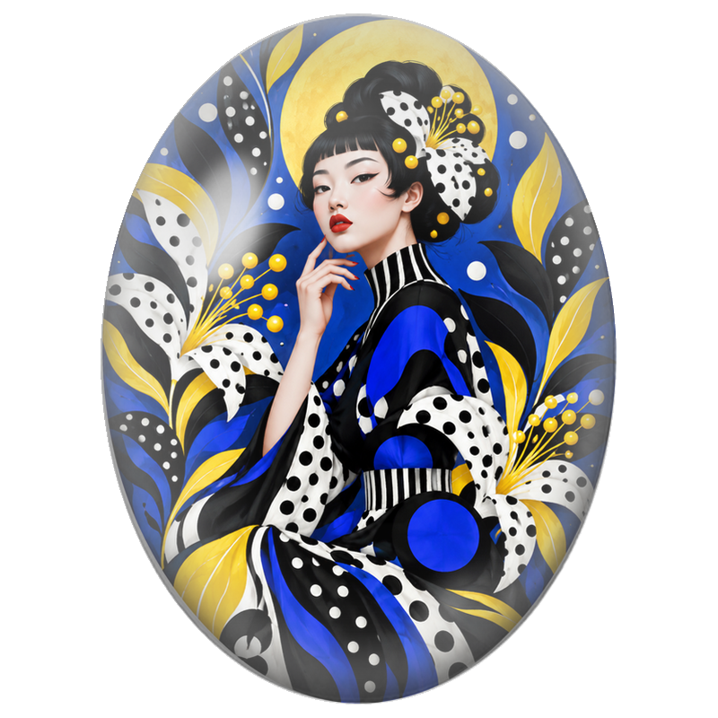 Cabochon en Verre Illustré Femme Graphique en Bleu Jaune et Noir 13x18, 18x25 ou 30x40mm