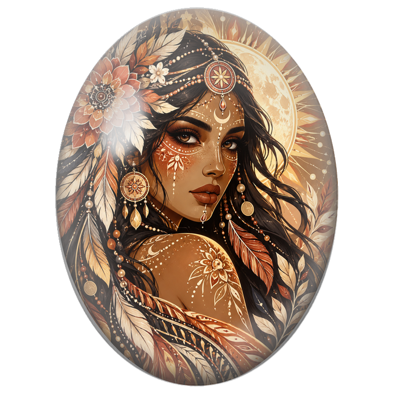 Cabochon en Verre Illustré Femme aux Fleurs et Ornements Tribaux 13x18, 18x25 ou 30x40mm