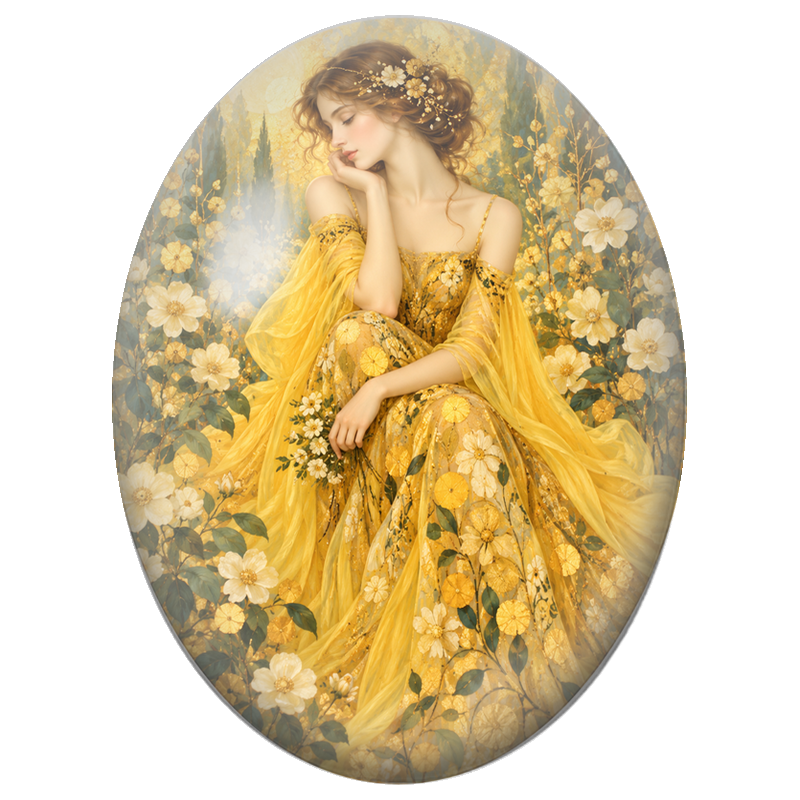Cabochon en Verre Illustré Femme en Robe d’Or parmi les Fleurs Dorées 13x18, 18x25 ou 30x40mm