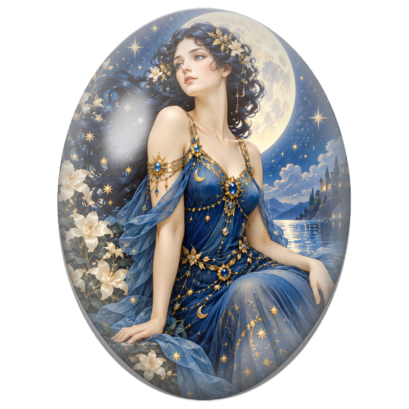 Cabochon en Verre Illustré Dame Céleste en Robe Bleue au Bord du Lac 13x18, 18x25 ou 30x40mm