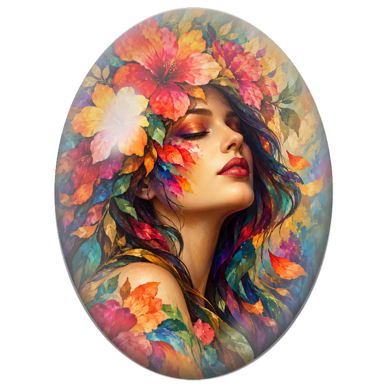 Cabochon en Verre Illustré Femme aux Fleurs Flamboyantes et Feuilles Colorées 13x18, 18x25 ou 30x40mm