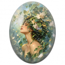 Cabochon en Verre Illustré Femme aux Fleurs Blanches et Feuillage Sauvage pour la Création de Bijoux Fantaisie - DIY