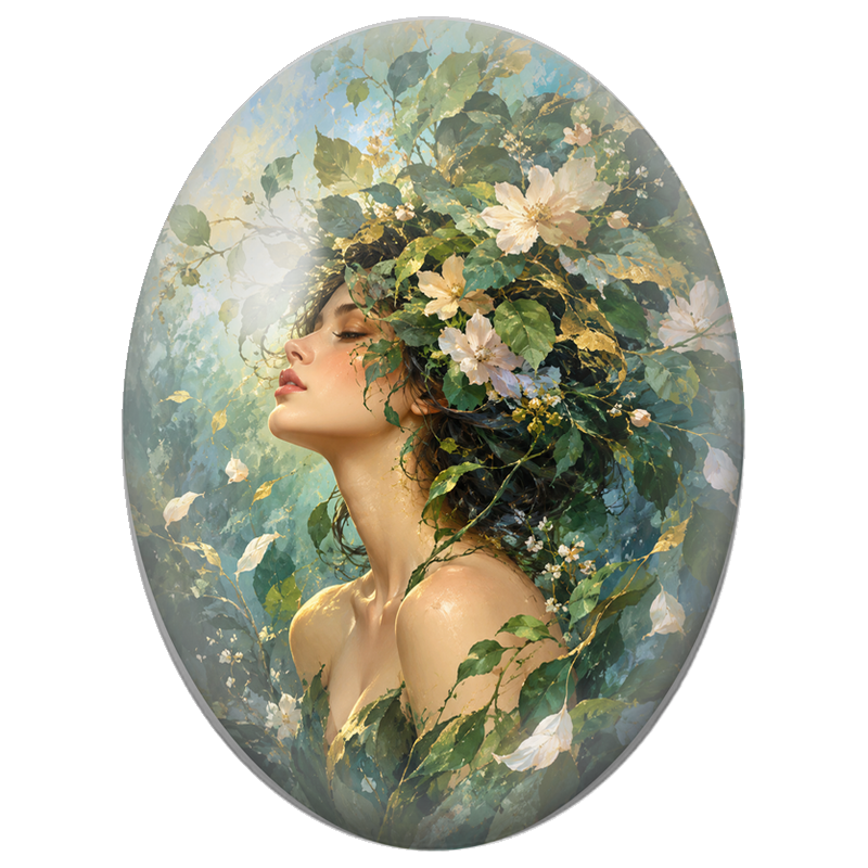 Cabochon en Verre Illustré Femme aux Fleurs Blanches et Feuillage Sauvage 13x18, 18x25 ou 30x40mm