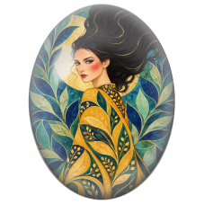 Cabochon en Verre Illustré Femme au Kimono de Feuilles sous la Lune Dorée pour la Création de Bijoux Fantaisie - DIY