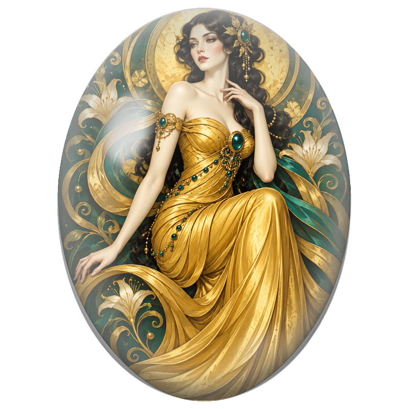 Cabochon en Verre Illustré Princesse en Robe Dorée aux Joyaux Émeraude 13x18, 18x25 ou 30x40mm